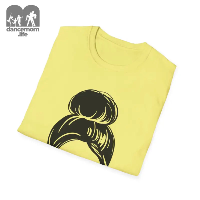 Yellow t-shirt with a black messy bun hairstyle graphic design.