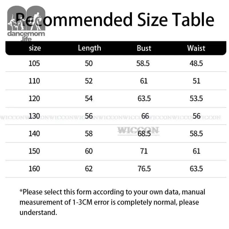 Size chart showing measurements for length, bust and waist across different size categories from 105 to 160.