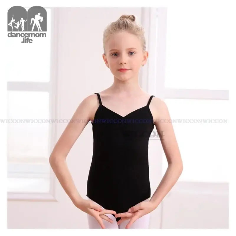 Black spaghetti-strap ballet leotard.