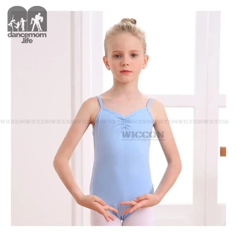 Light blue ballet leotard with thin straps and a gathered front detail.