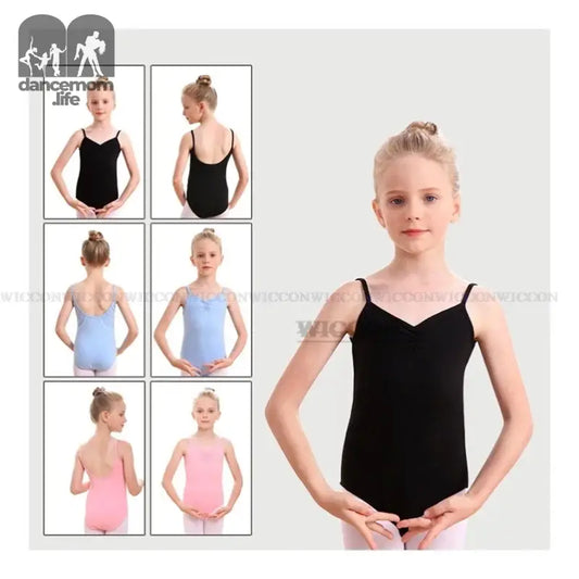 Ballet/dance leotards in black, light blue, and pink colors with thin shoulder straps.