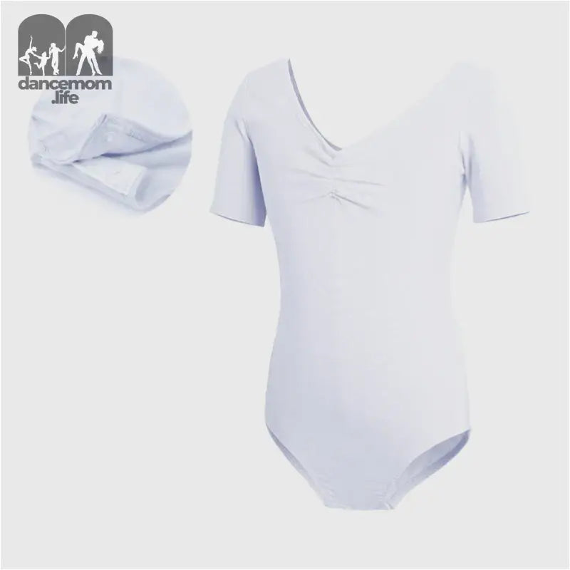 White short-sleeved dance leotard with matching cap.