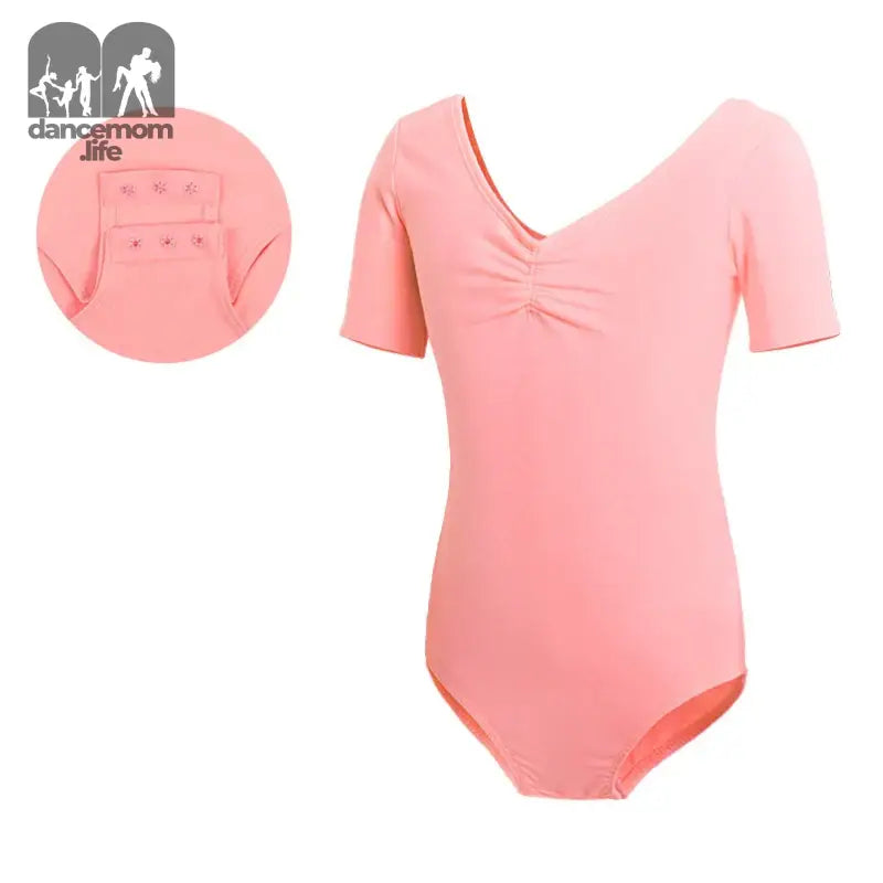 Pink short-sleeved ballet leotard with a gathered V-neckline.