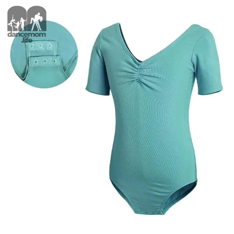 Turquoise short-sleeved dance leotard with a gathered v-neckline.