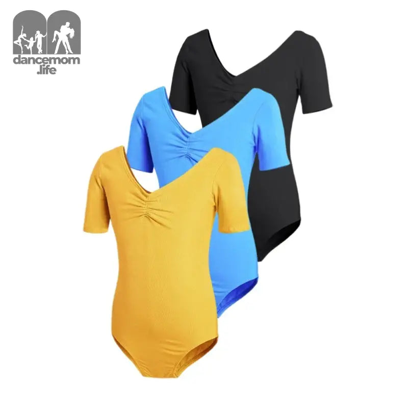 Three dance leotards in black, blue, and yellow with short sleeves and v-necklines.