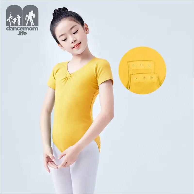 Yellow short-sleeved ballet leotard with a v-neck design.