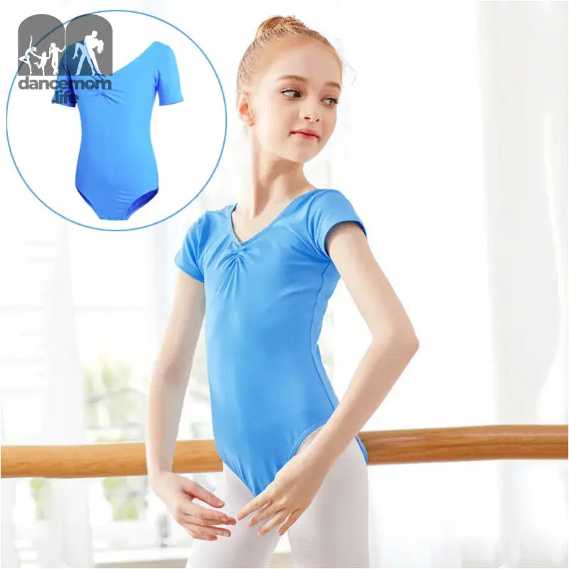 Light blue short-sleeved ballet leotard with a gathered v-neck detail.