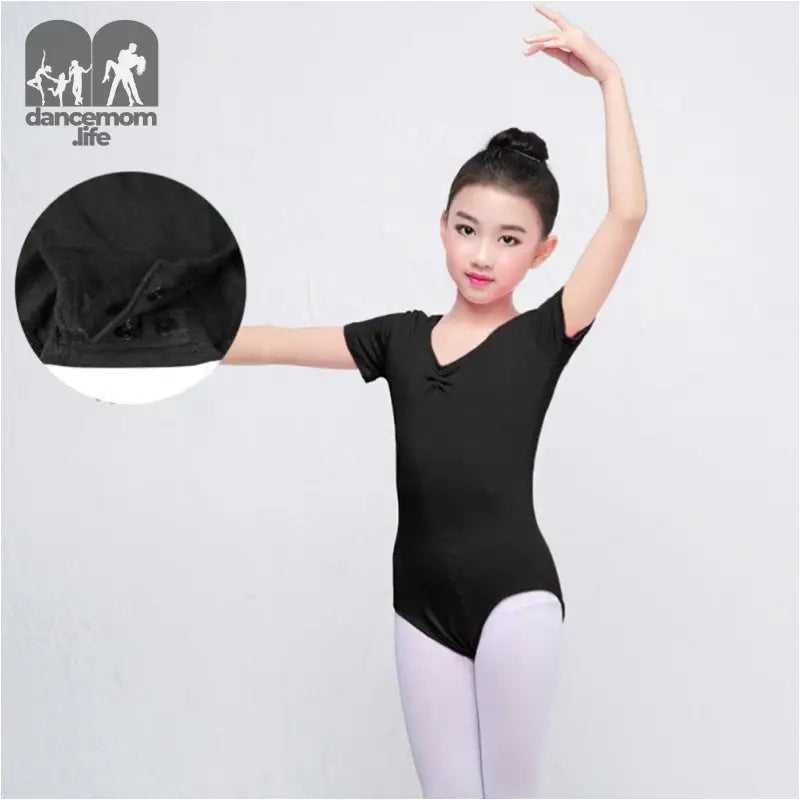 Black short-sleeved ballet leotard with a v-neckline.