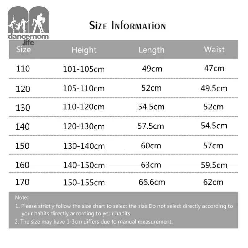 Size chart showing height, length and waist measurements for clothing sizes 110-170.