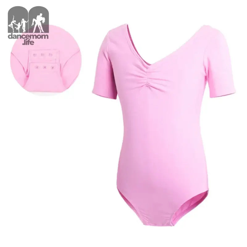 Pink short-sleeved ballet leotard with a gathered v-neckline.