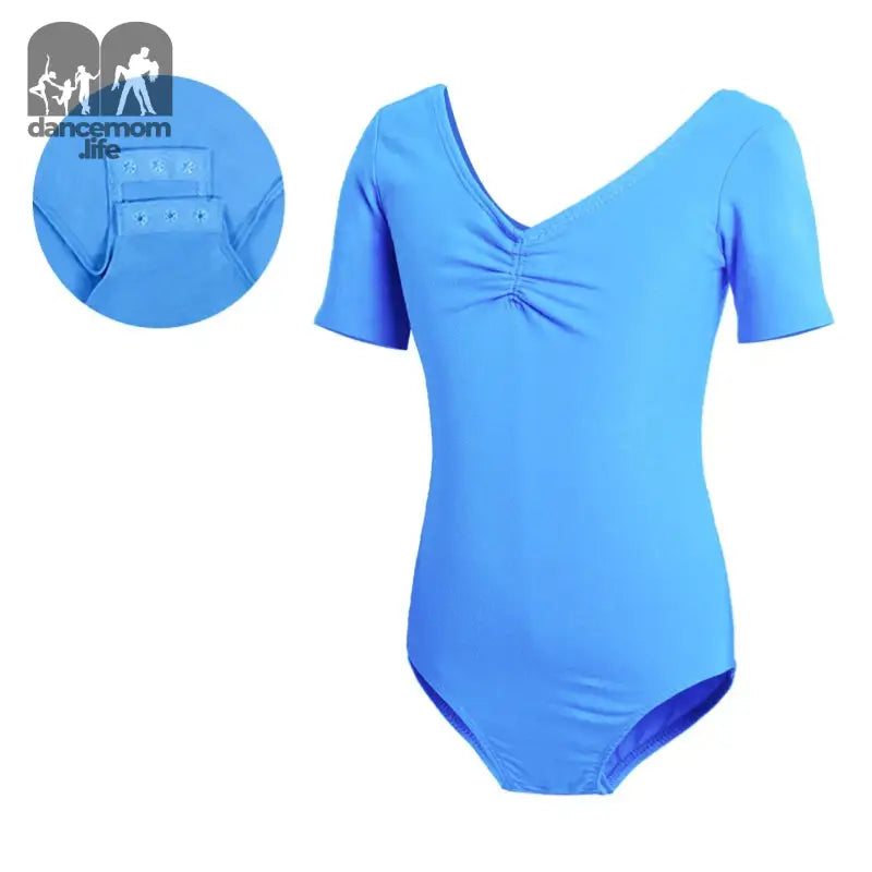 Light blue short-sleeved leotard with a gathered V-neckline.