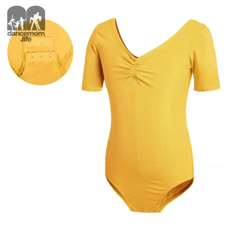 Yellow short-sleeved leotard with a gathered v-neckline.