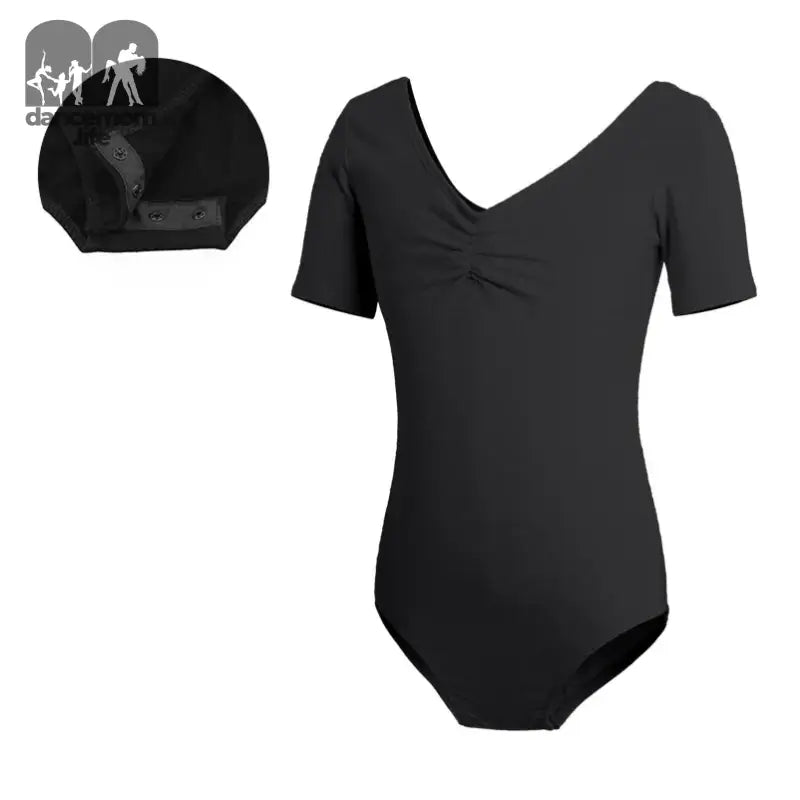 Black short-sleeved dance leotard with a V-neckline.