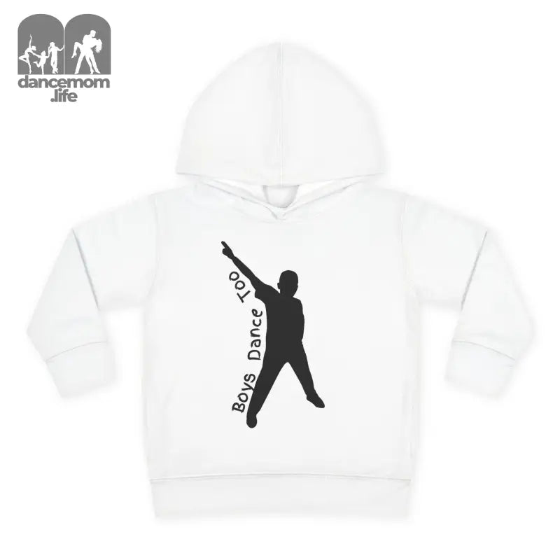 White hoodie sweatshirt with a black silhouette design of a dancing figure.