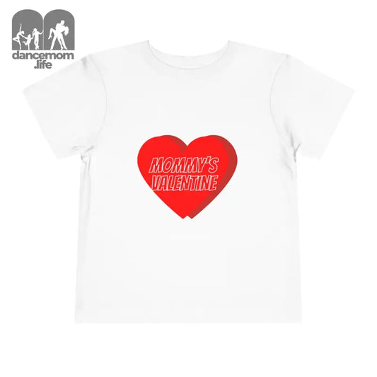 White t-shirt with a red heart design that says ’MOMMY’S VALENTINE’