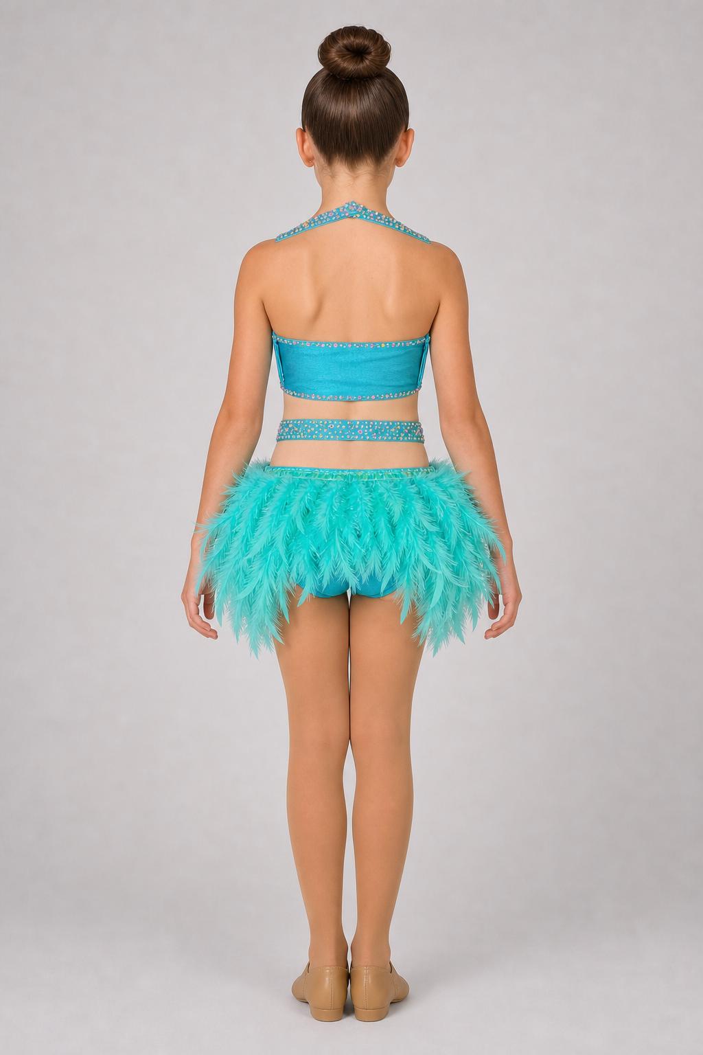 Turquoise Feather Fringe Dance Costume | Lyrical Jazz Contemporary Competition Outfit | Girls Size 8 Stage Performance - "Turquoise Mirage "