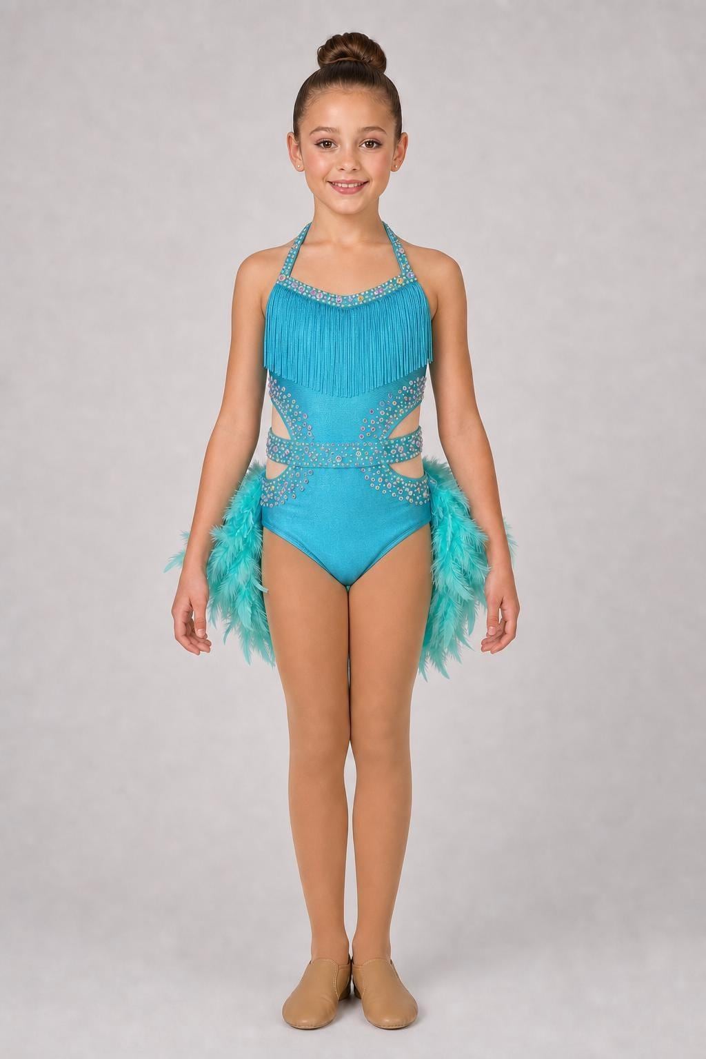 Turquoise Feather Fringe Dance Costume | Lyrical Jazz Contemporary Competition Outfit | Girls Size 8 Stage Performance - "Turquoise Mirage "