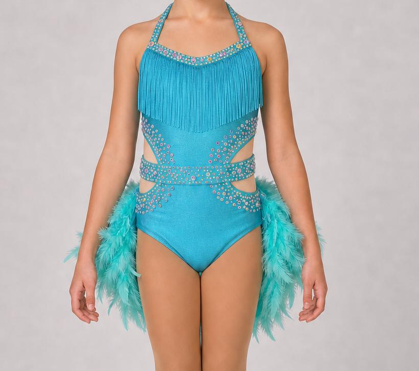 Turquoise Feather Fringe Dance Costume | Lyrical Jazz Contemporary Competition Outfit | Girls Size 8 Stage Performance - "Turquoise Mirage "