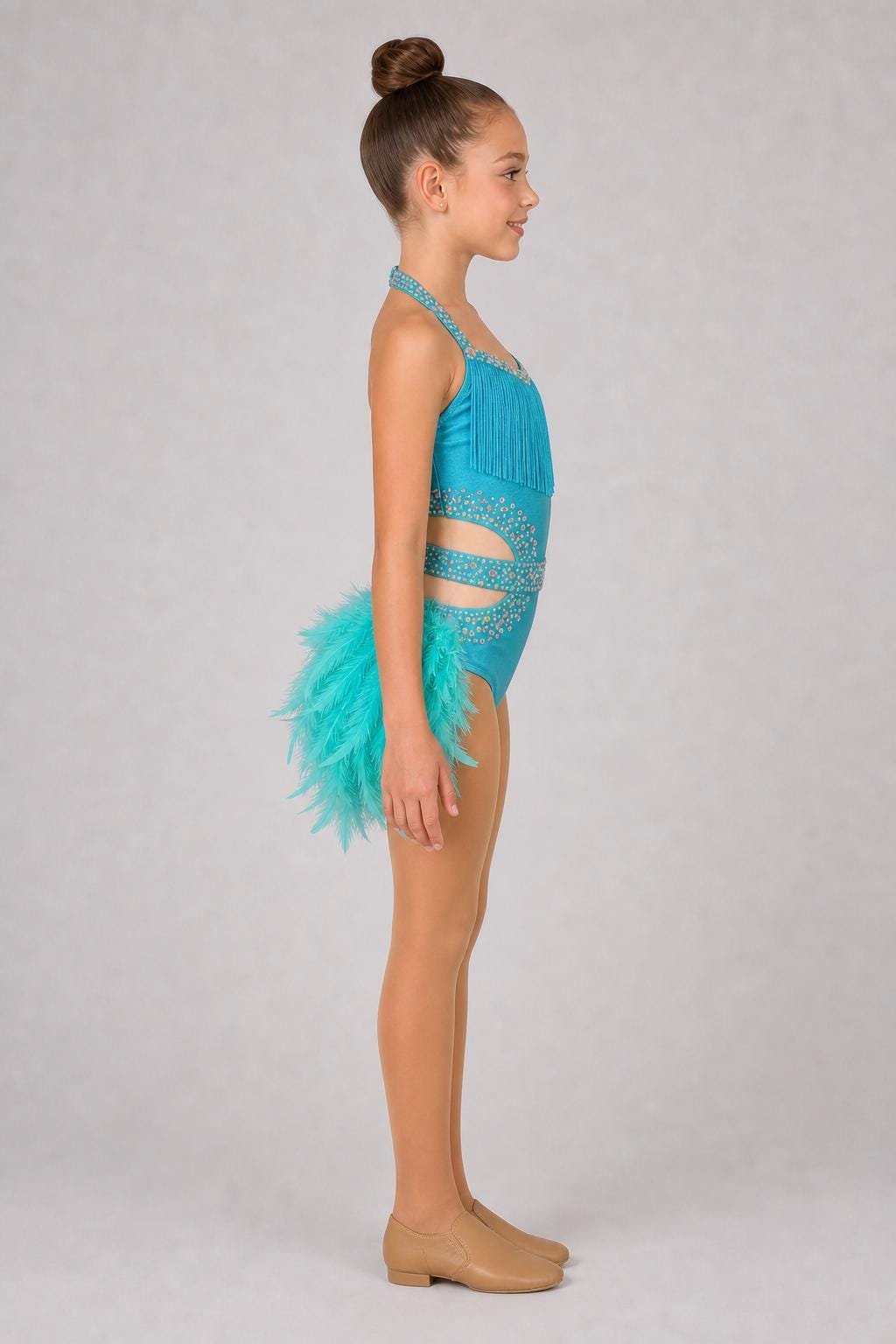 Turquoise Feather Fringe Dance Costume | Lyrical Jazz Contemporary Competition Outfit | Girls Size 8 Stage Performance - "Turquoise Mirage "