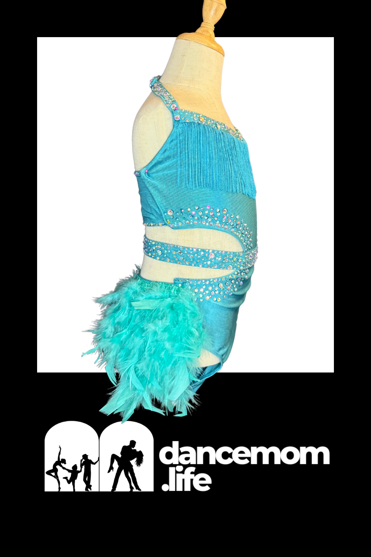 A vibrant turquoise dance leotard with sequined embellishments and a feathered skirt.
