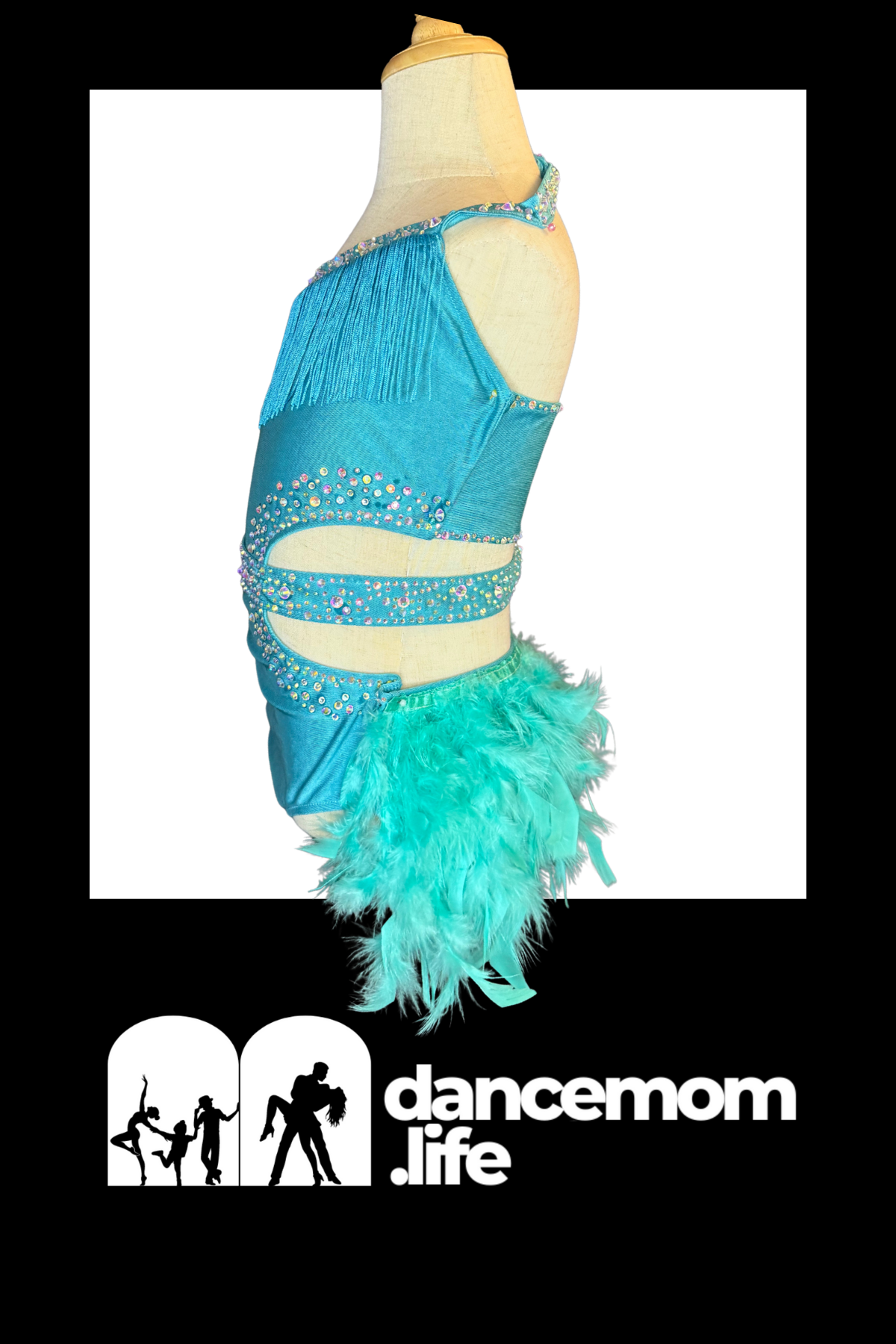 A vibrant turquoise dance leotard with fringe detailing and feather trim.