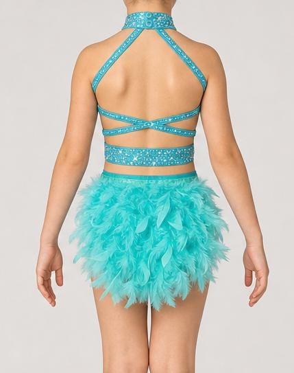 Turquoise Rhinestone Feather Two-Piece Dance Costume, US Child’s Size 6 - "Azure Rain"