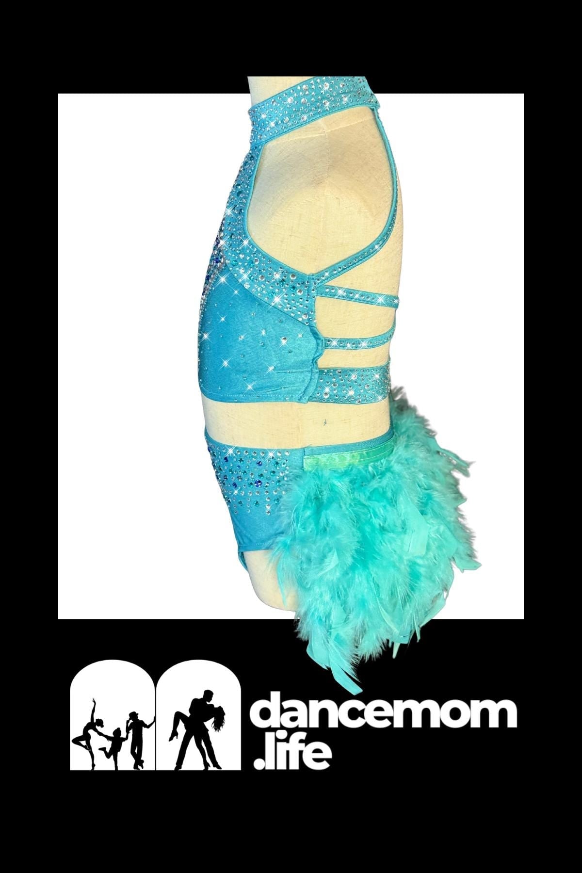 Turquoise Rhinestone Feather Two-Piece Dance Costume, US Child’s Size 6 - "Azure Rain"