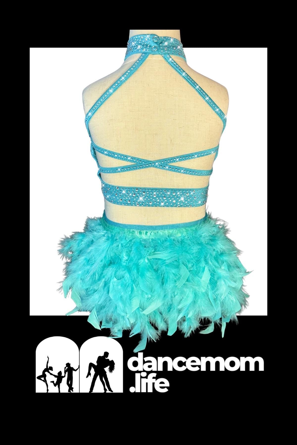 Turquoise Rhinestone Feather Two-Piece Dance Costume, US Child’s Size 6 - "Azure Rain"