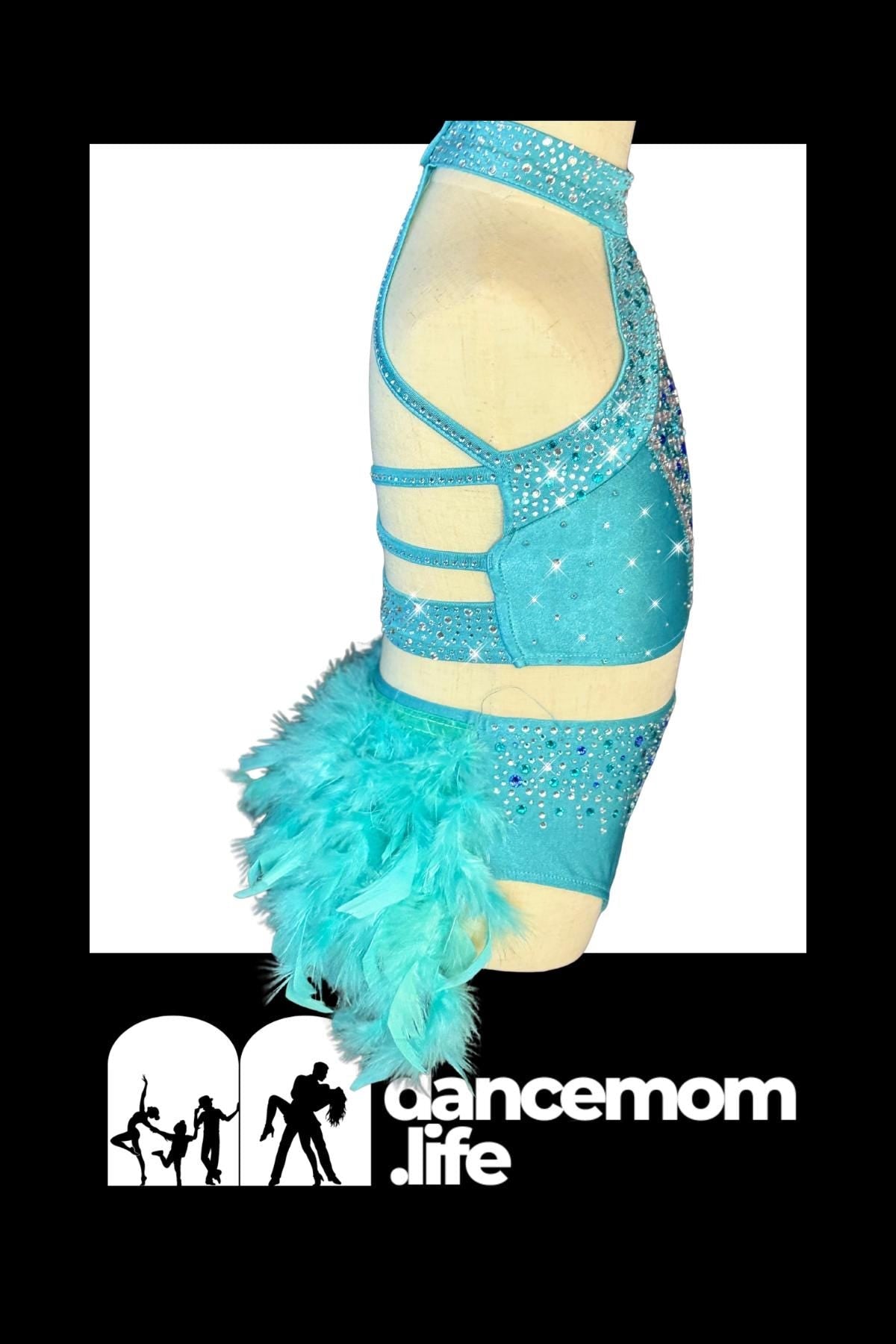 Turquoise Rhinestone Feather Two-Piece Dance Costume, US Child’s Size 6 - "Azure Rain"