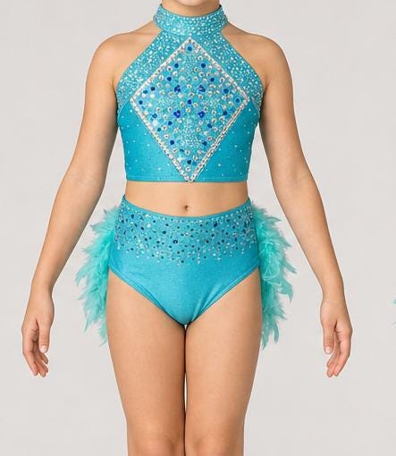 Turquoise Rhinestone Feather Two-Piece Dance Costume, US Child’s Size 6 - "Azure Rain"