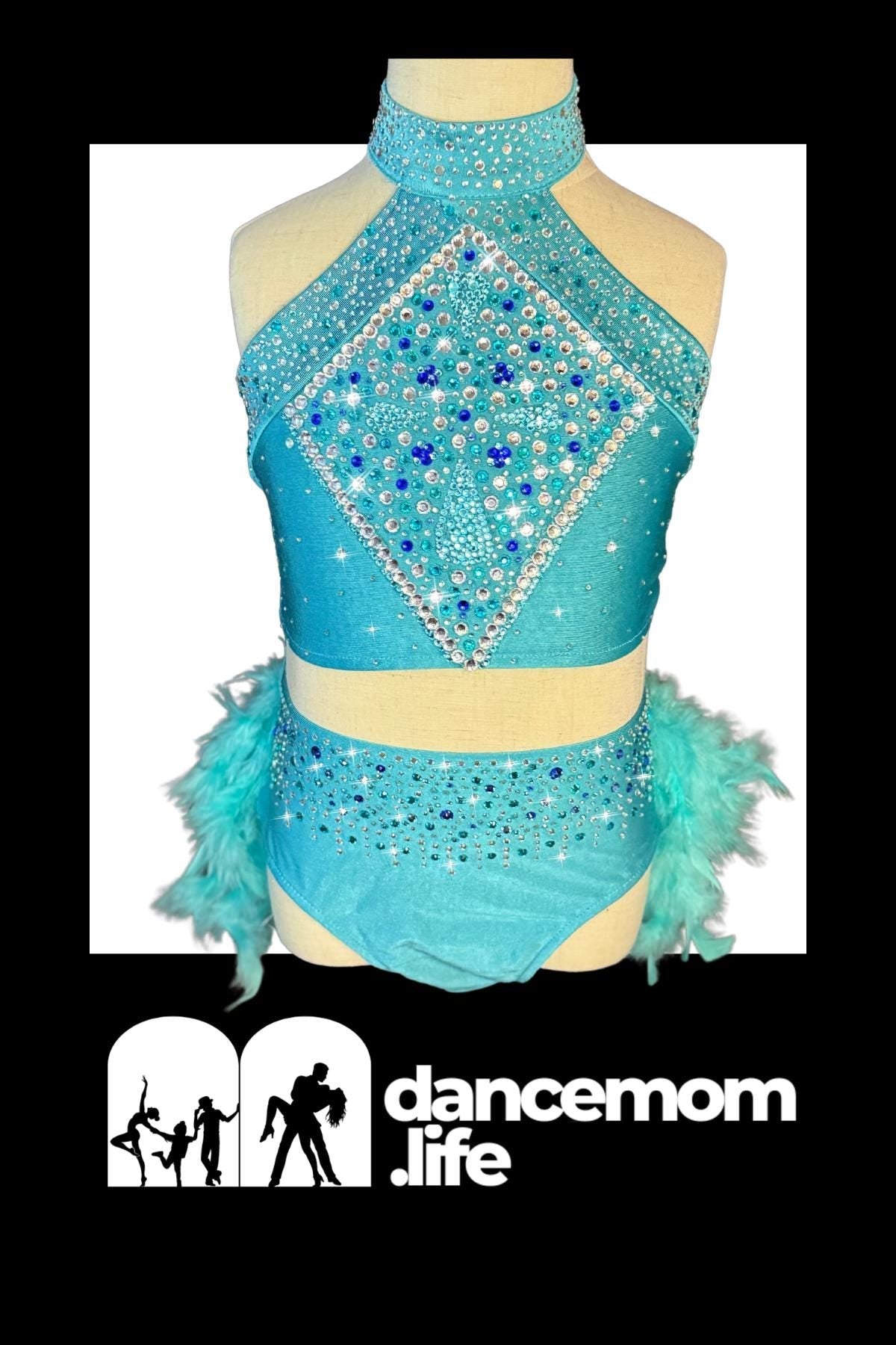 Turquoise Rhinestone Feather Two-Piece Dance Costume, US Child’s Size 6 - "Azure Rain"