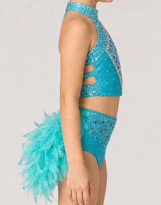 Turquoise Rhinestone Feather Two-Piece Dance Costume, US Child’s Size 6 - "Azure Rain"