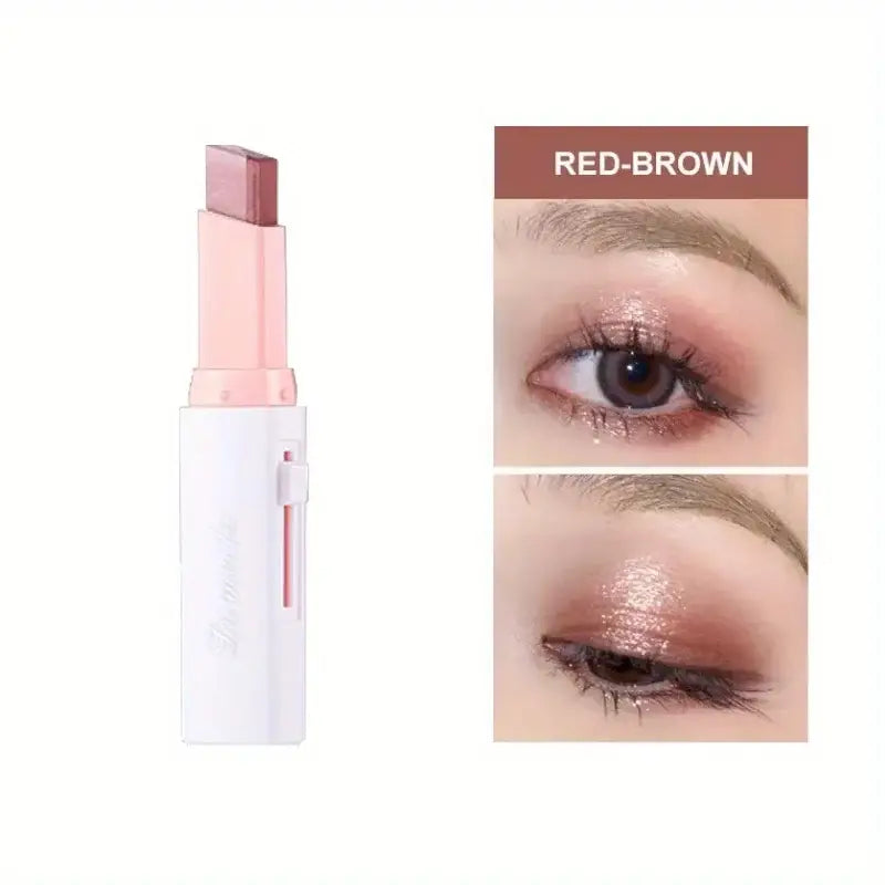Red-brown eyeshadow stick and application examples.
