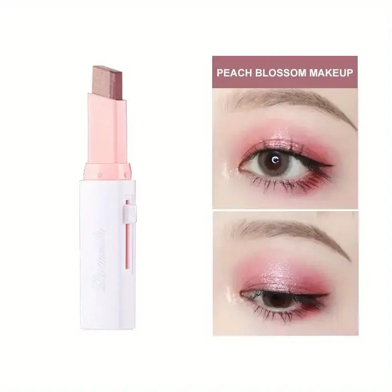 Dual-color eyeshadow stick with peach blossom makeup example.