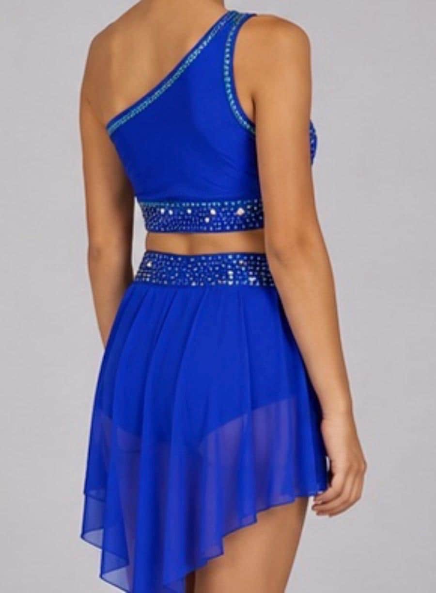 Two-Piece Dance Costume | Rhinestone One-Shoulder Top & Skirt | Girls Size 10 | Latin Jazz Performance - "Azue Goddess"