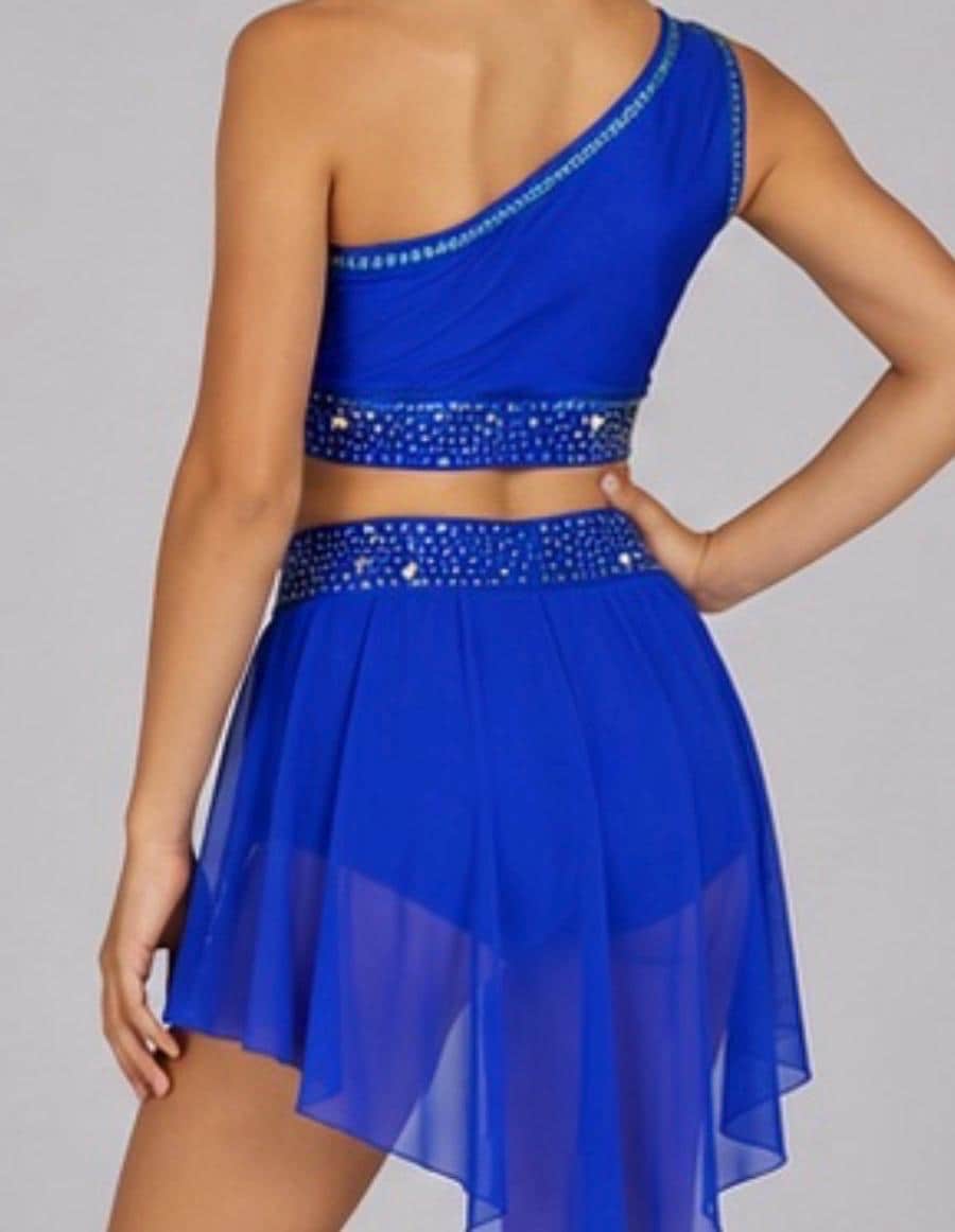 Two-Piece Dance Costume | Rhinestone One-Shoulder Top & Skirt | Girls Size 10 | Latin Jazz Performance - "Azue Goddess"
