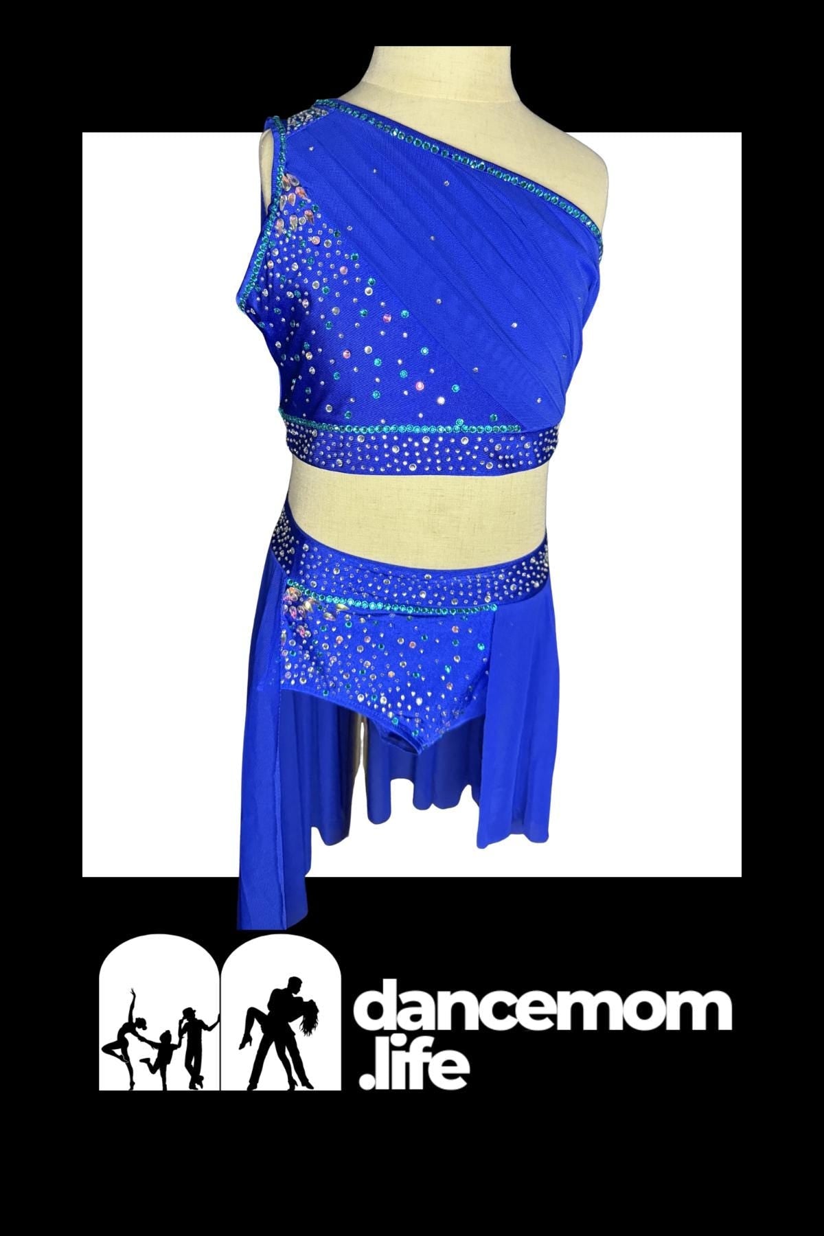 Two-Piece Dance Costume | Rhinestone One-Shoulder Top & Skirt | Girls Size 10 | Latin Jazz Performance - "Azue Goddess"