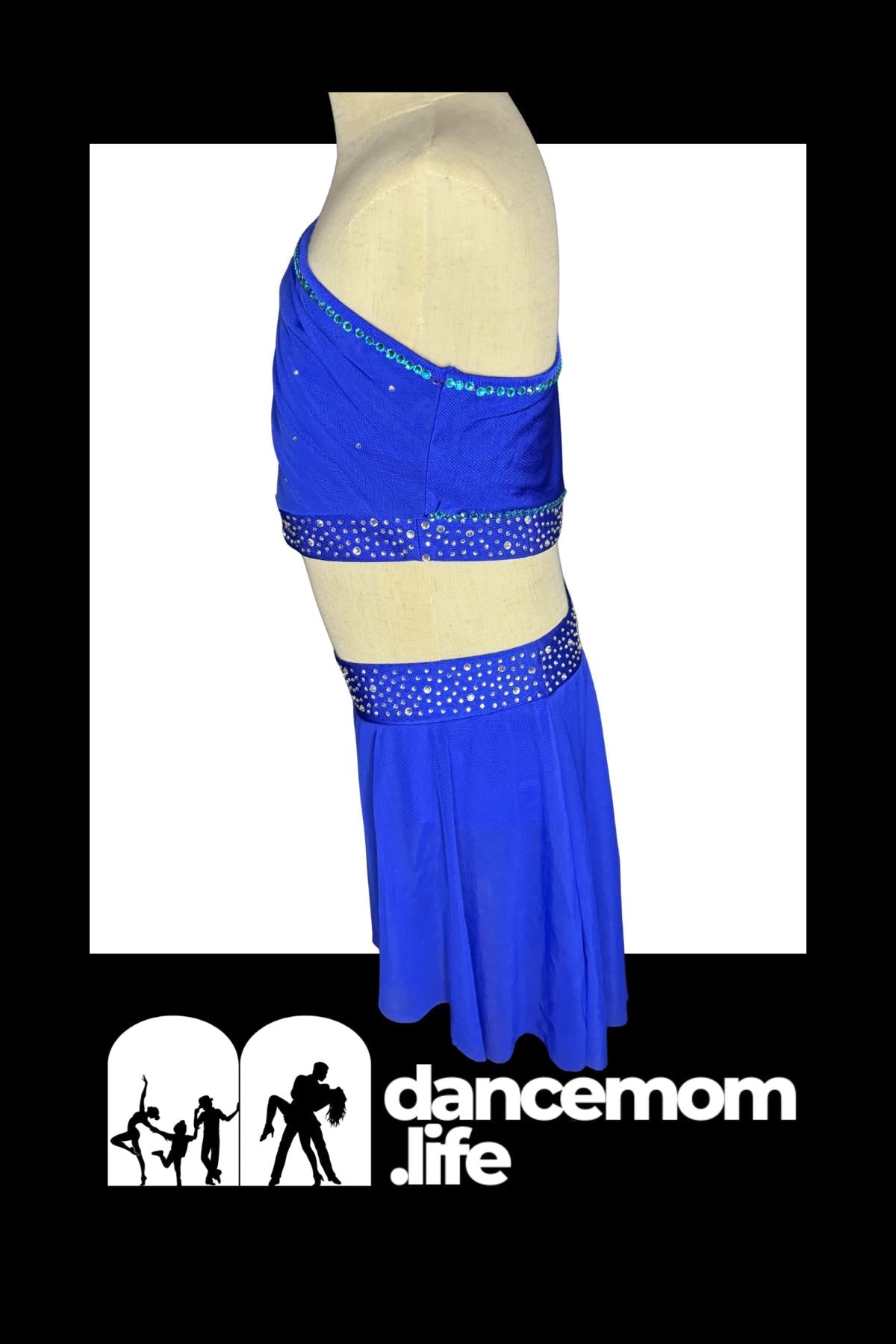 Two-Piece Dance Costume | Rhinestone One-Shoulder Top & Skirt | Girls Size 10 | Latin Jazz Performance - "Azue Goddess"