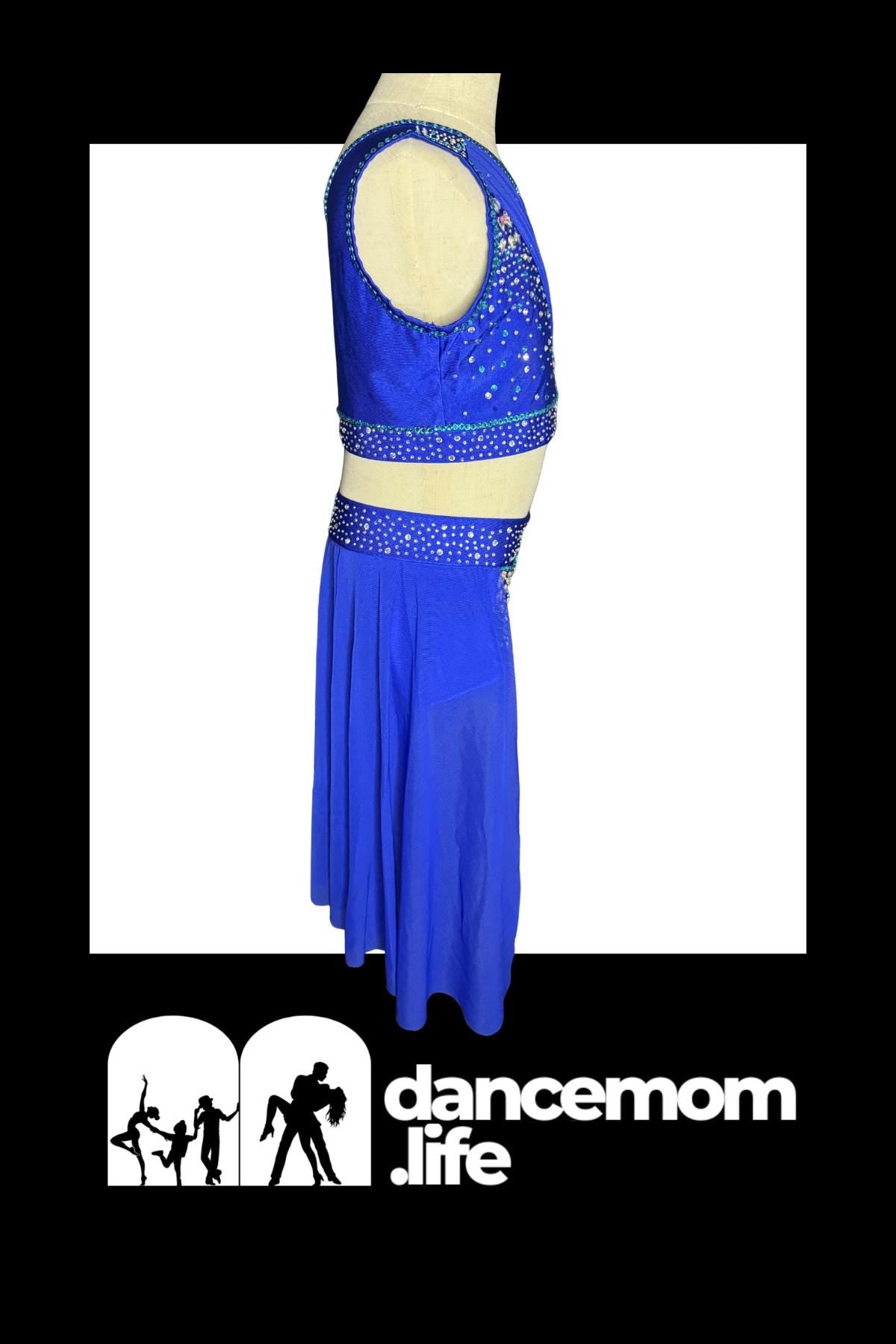 Two-Piece Dance Costume | Rhinestone One-Shoulder Top & Skirt | Girls Size 10 | Latin Jazz Performance - "Azue Goddess"