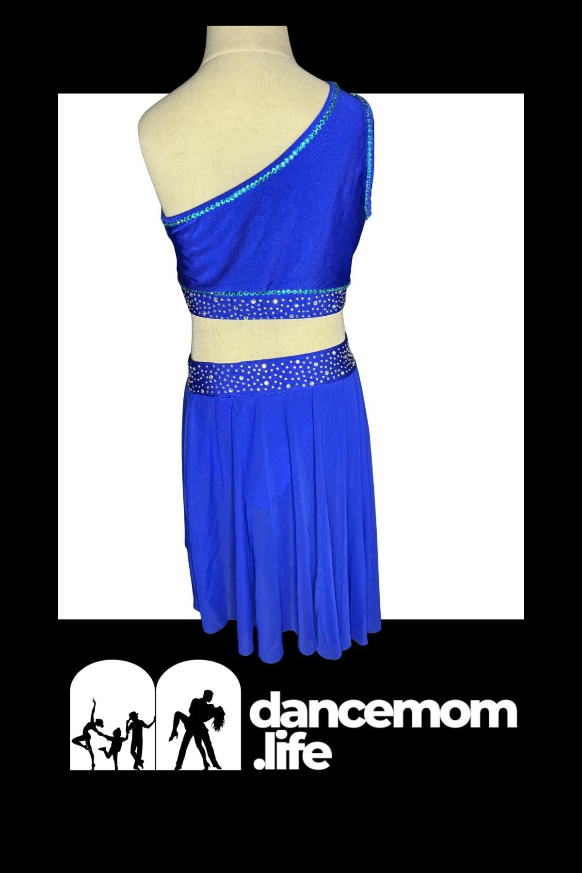 Two-Piece Dance Costume | Rhinestone One-Shoulder Top & Skirt | Girls Size 10 | Latin Jazz Performance - "Azue Goddess"