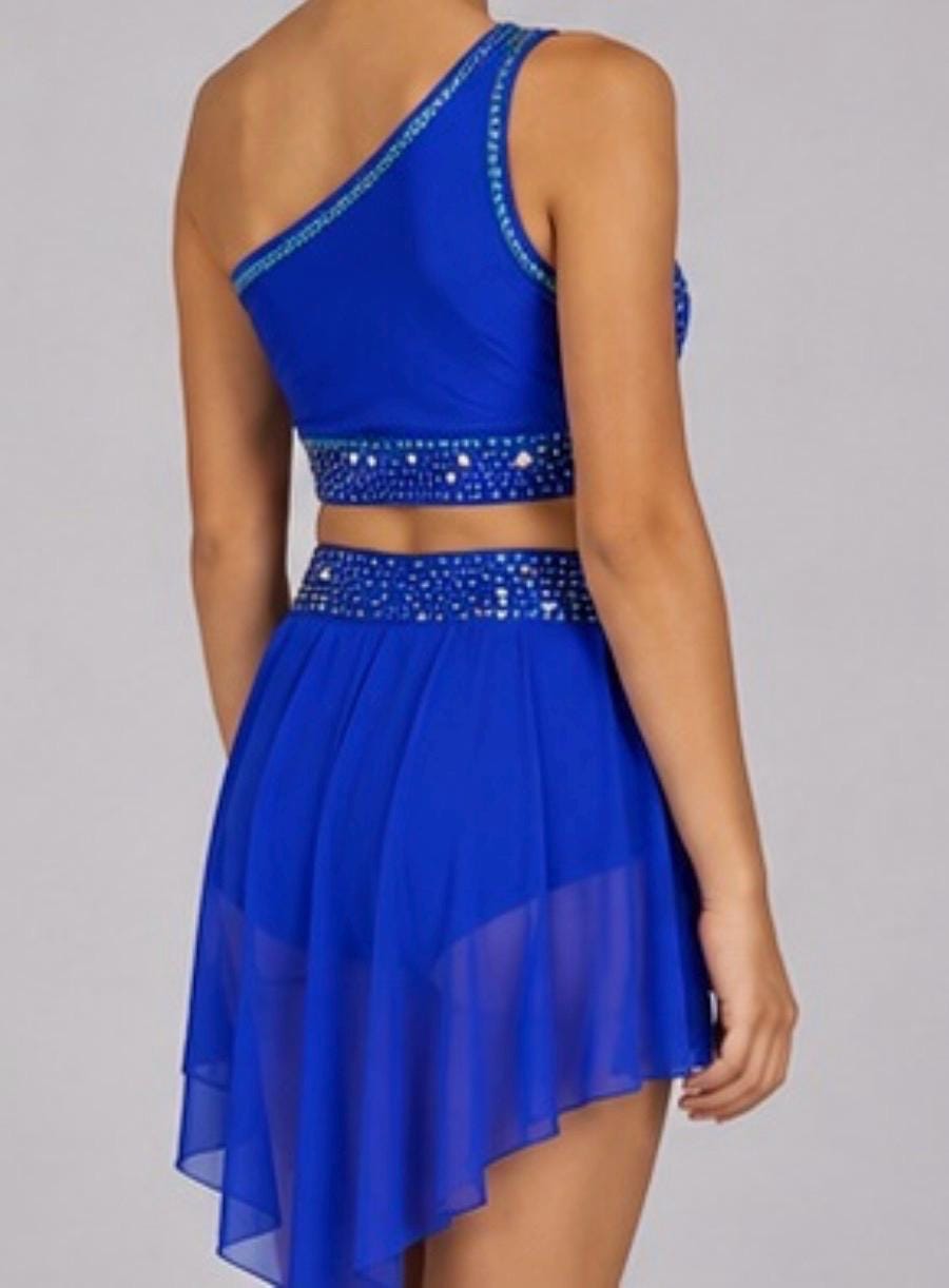 Two-Piece Dance Costume | Rhinestone One-Shoulder Top & Skirt | Girls Size 10 | Latin Jazz Performance - "Azue Goddess"