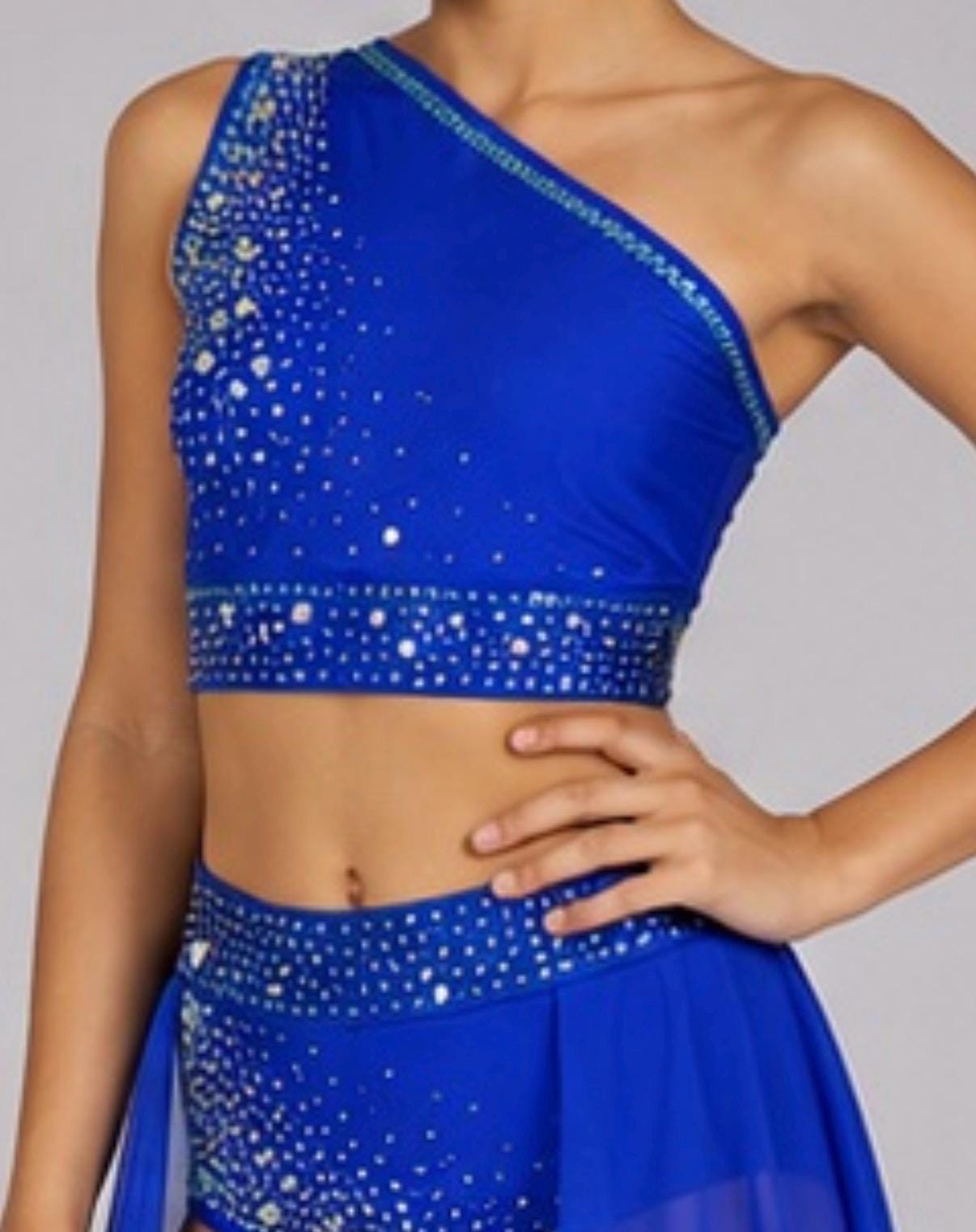 Two-Piece Dance Costume | Rhinestone One-Shoulder Top & Skirt | Girls Size 10 | Latin Jazz Performance - "Azue Goddess"