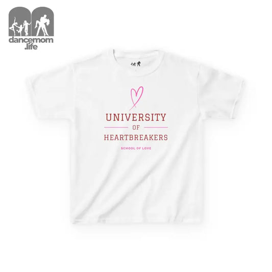 White t-shirt with pink text reading ’University of Heartbreakers’ and a heart design.