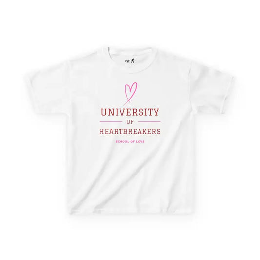 White t-shirt with pink text reading ’University of Heartbreakers’ and a heart design.