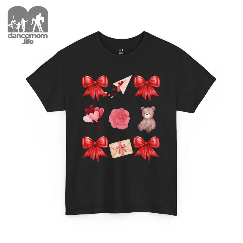 Black t-shirt featuring red bows, hearts, roses, teddy bear and love letter designs arranged in a grid pattern.