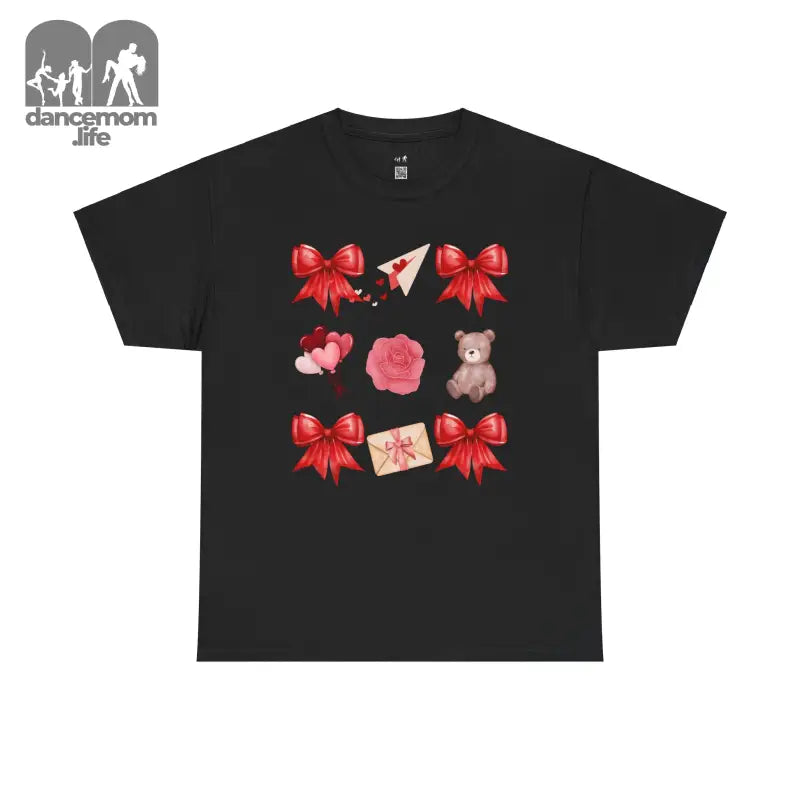 Black t-shirt featuring red bows, hearts, roses, teddy bear and envelope designs arranged in a grid pattern.