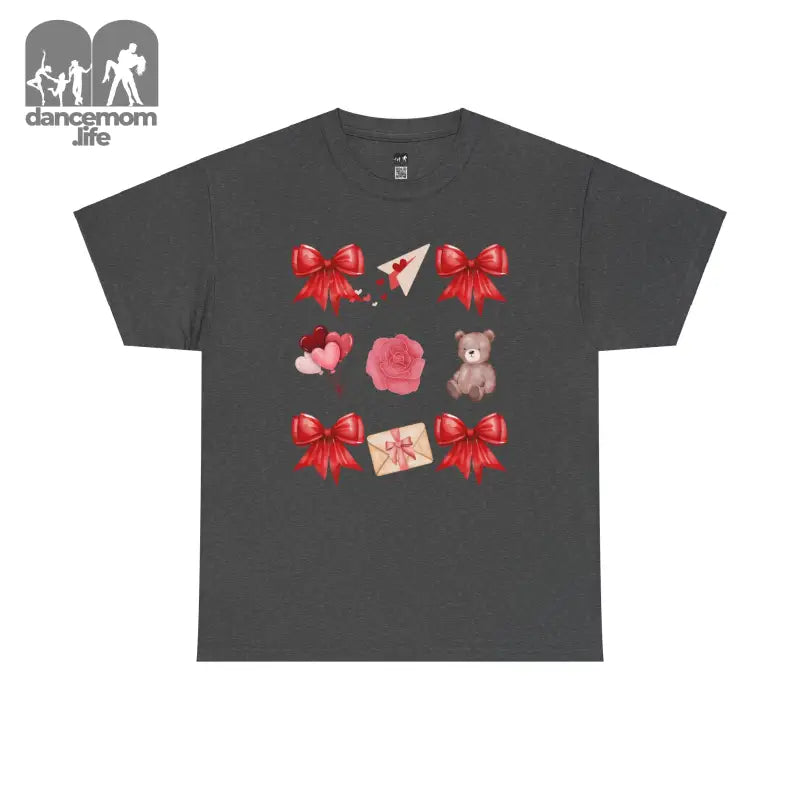 Dark grey t-shirt featuring Valentine’s Day themed graphics with red bows, hearts, roses, teddy bear, and envelope designs.