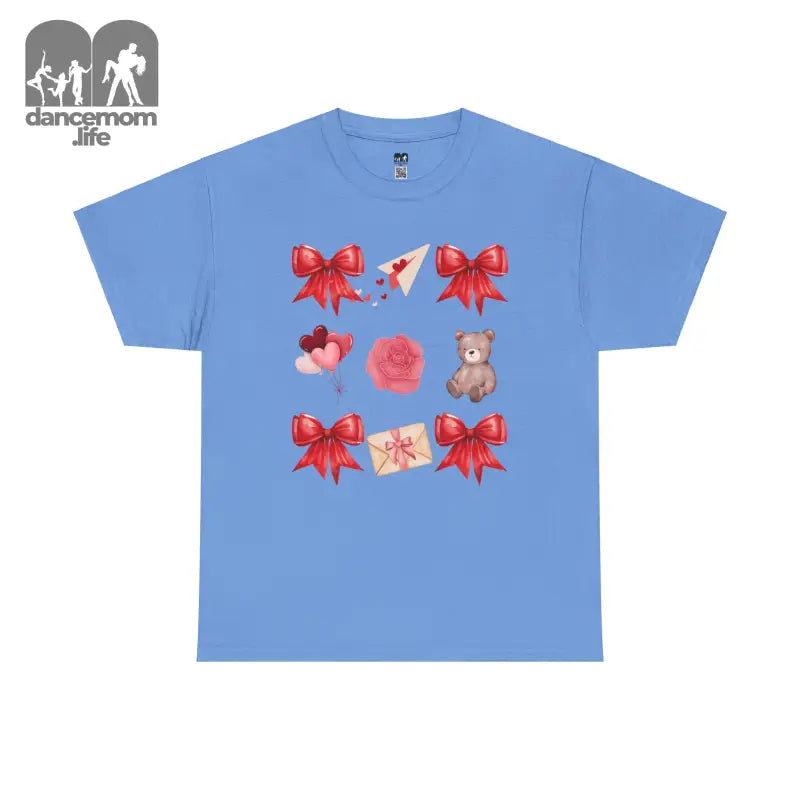 Light blue t-shirt with red bows and cute decorative elements printed on the front.