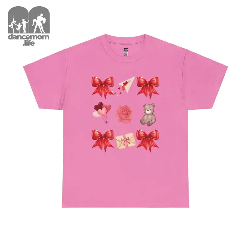 Pink t-shirt featuring red bows and teddy bear graphics.