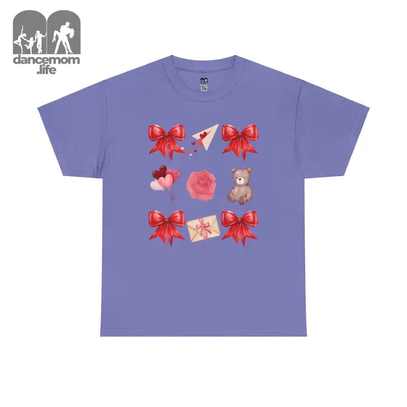 Purple t-shirt with red bows, teddy bear, and Valentine’s Day themed graphics printed on the front.